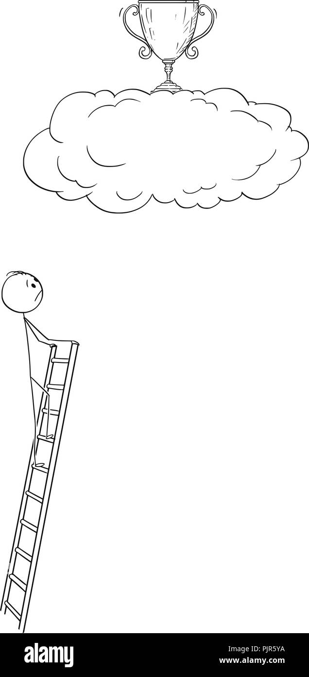 Cartoon von Mann oder Geschäftsmann, der versucht, die Trophäe Cup auf Wolke zu erreichen, aber Seine Leiter ist zu kurz Stock Vektor