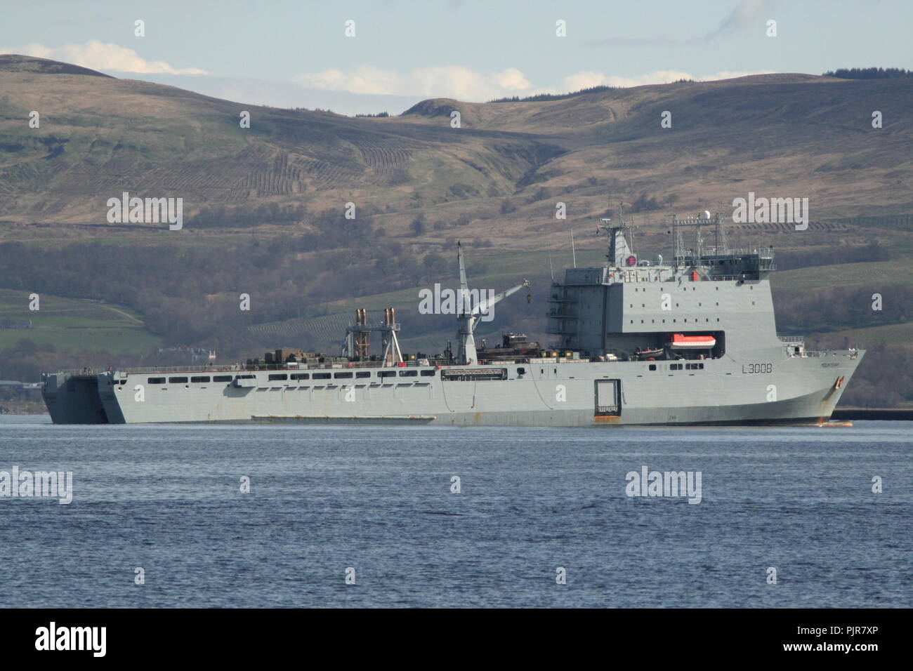 RFA-Mounts Bay (L3008), ein Bay-Klasse Landung Schiff Dock von der Royal Fleet Auxiliary betrieben, aus Greenock während der Übung gemeinsame Krieger 12-1. Stockfoto