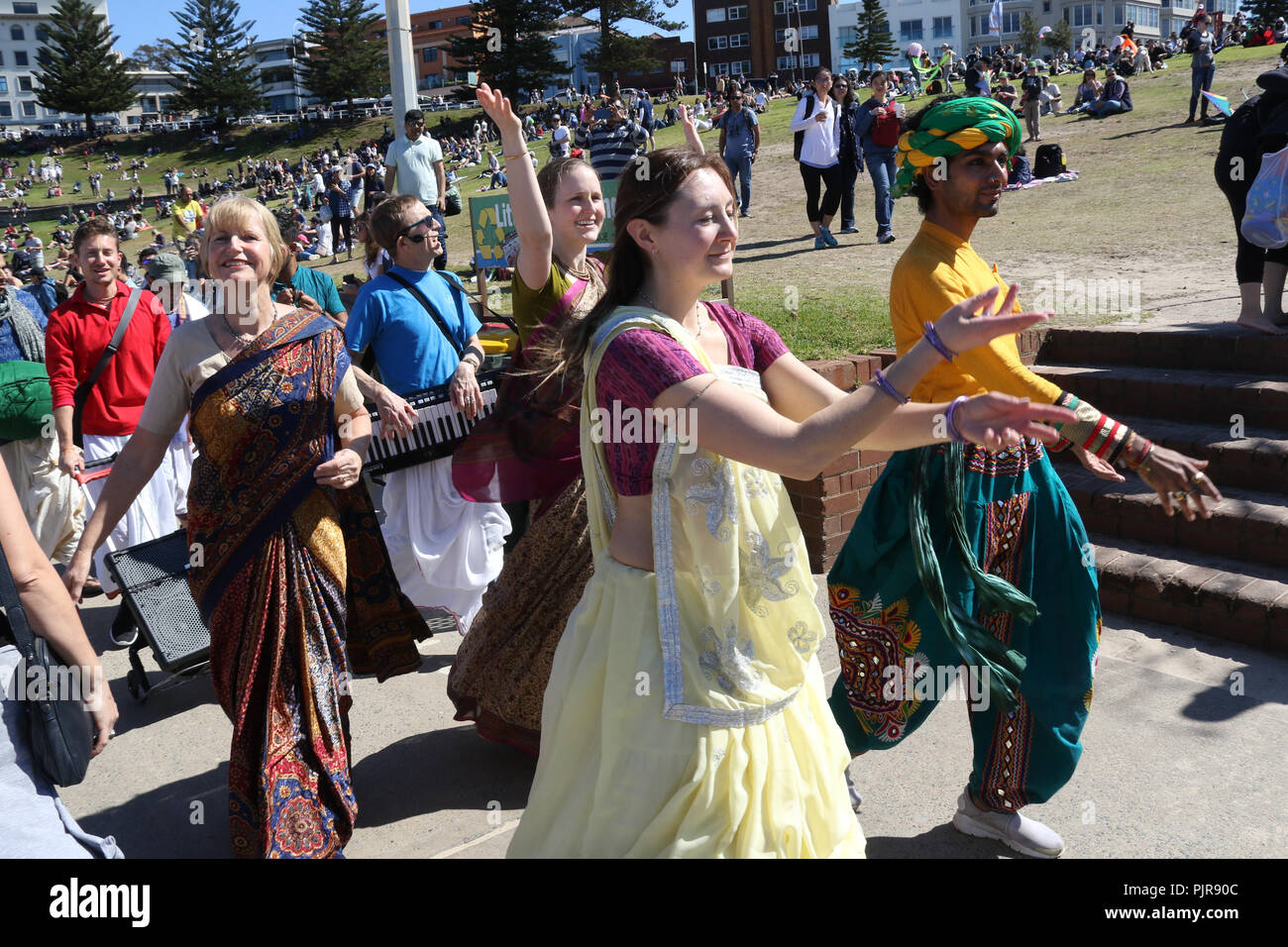 Hare Krishna Anhänger am Bondi Beach, Sydney, Australien Stockfoto