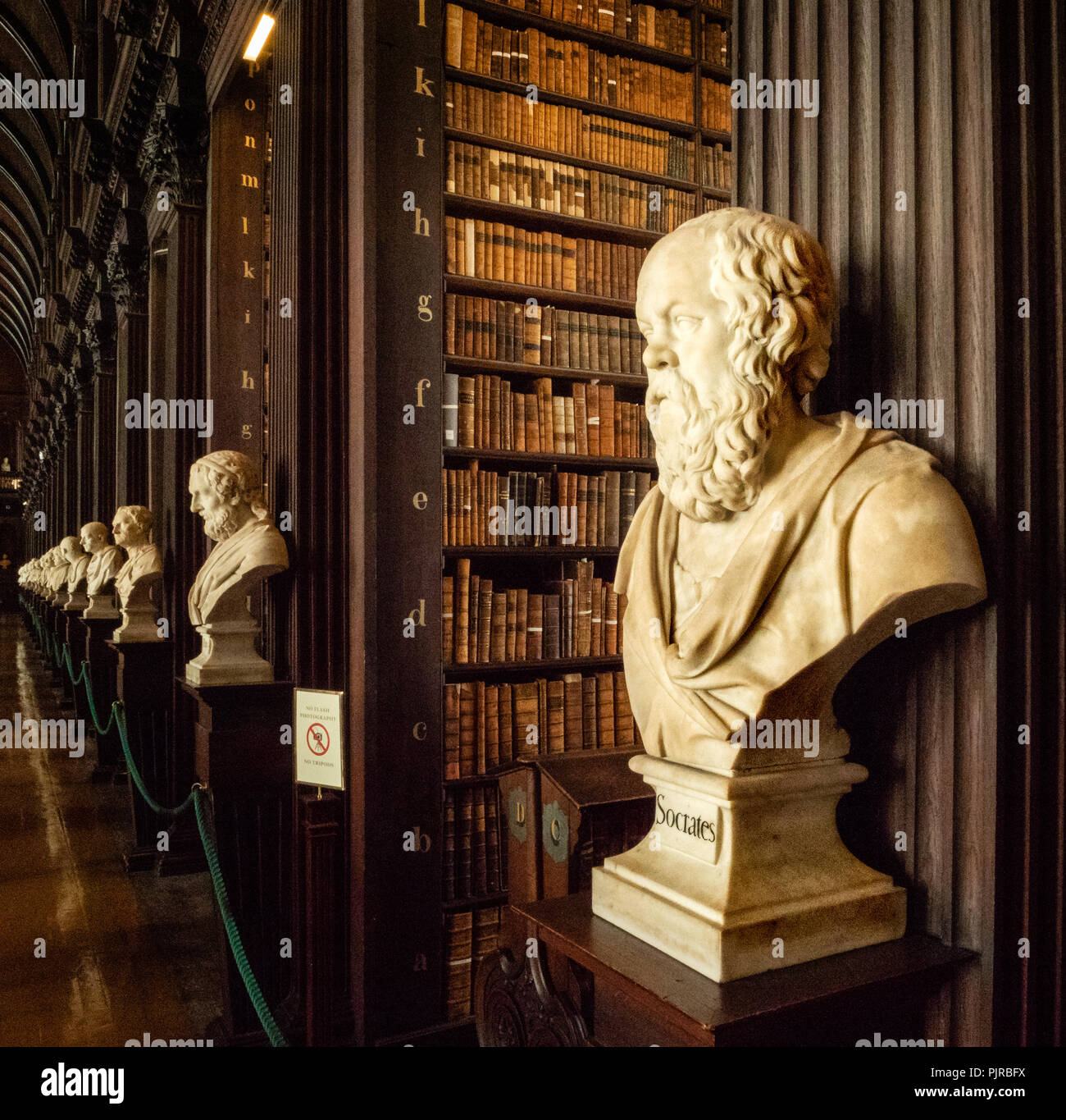 Herrliche Eiche getäfelten Innenraum des Trinity College Library in Dublin, Irland mit Büsten von historischen Philosophen unter der Leitung von Sokrates Stockfoto