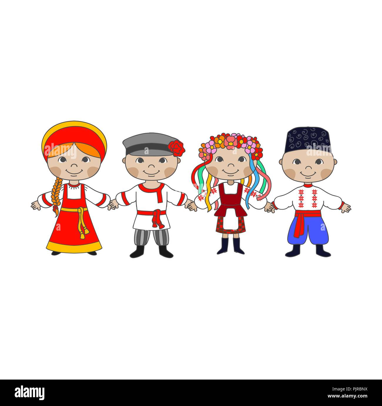 Kinder in verschiedenen traditionellen Kostümen. Vektor Menschen Russische und Ukrainische in einer freundlichen Tanz Stock Vektor