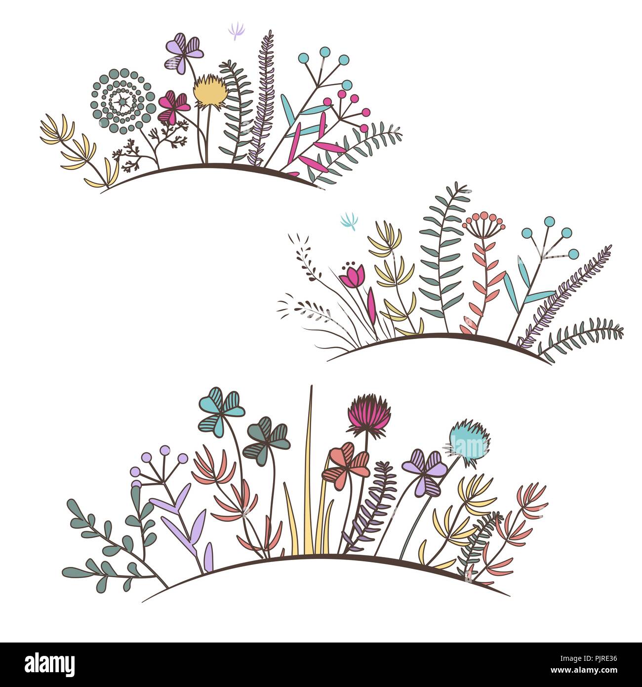 Vintage floral horizontalen Rand. Doodle Wiese, Blumen, Gras, Kräuter. Designelemente für Karten, Grenzen, Rahmen Stock Vektor