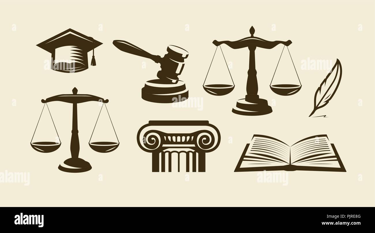 Gerechtigkeit Reihe von Icons. Rechtsanwalt, Anwalt, Gesetz Symbol. Vector Illustration Stock Vektor