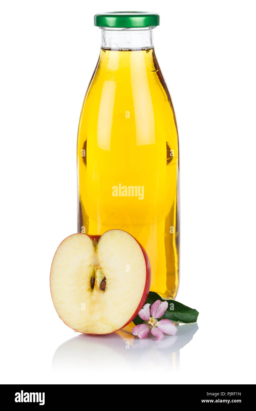 Apfelsaft in einer Flasche äpfel Obst frisches Obst Hochformat auf weißem Hintergrund Stockfoto