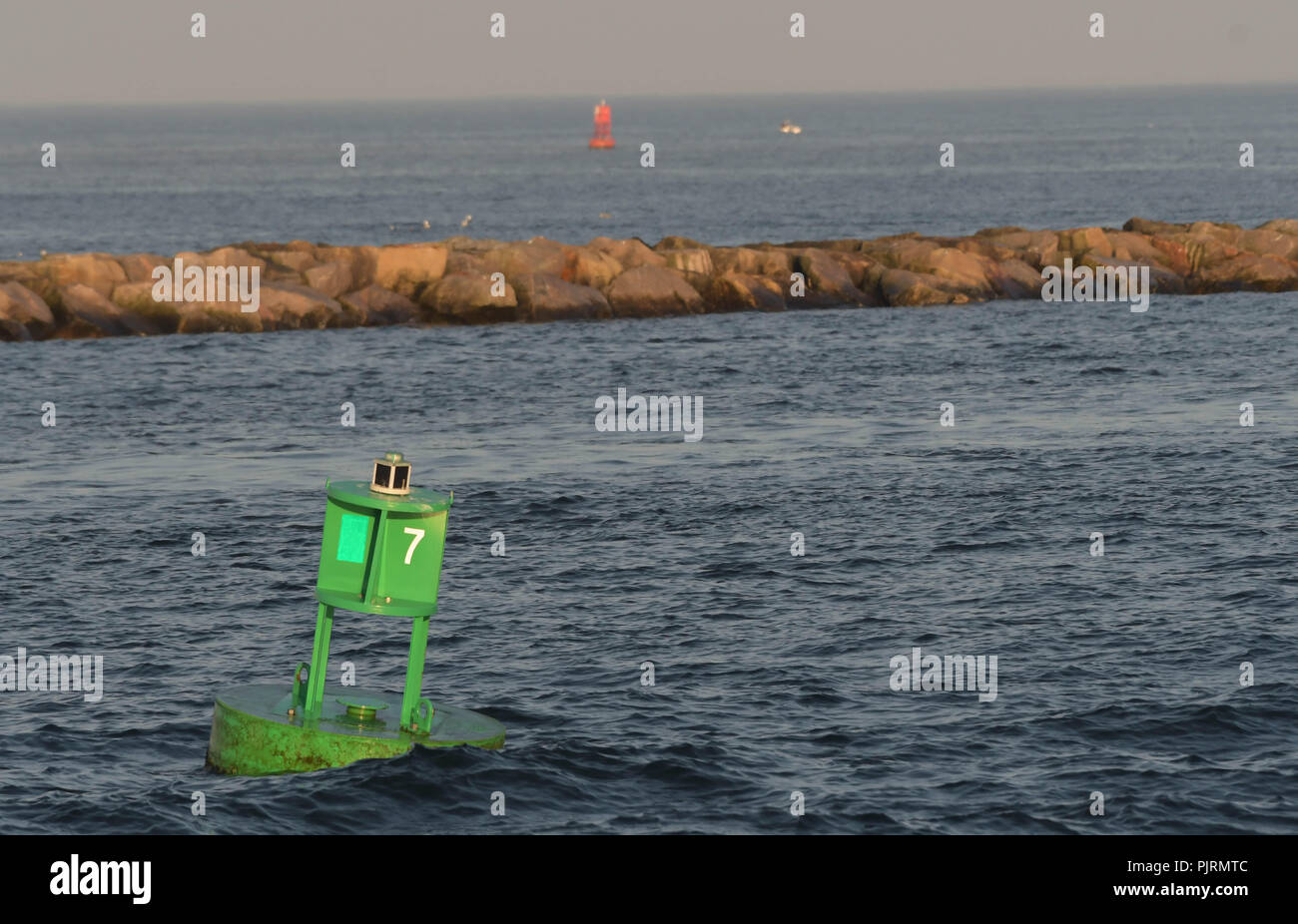 Eine grüne Boje schwimmt im Hafen in Newburyport, Massachusetts, USA, an einem späten Sommernachmittag. Stockfoto