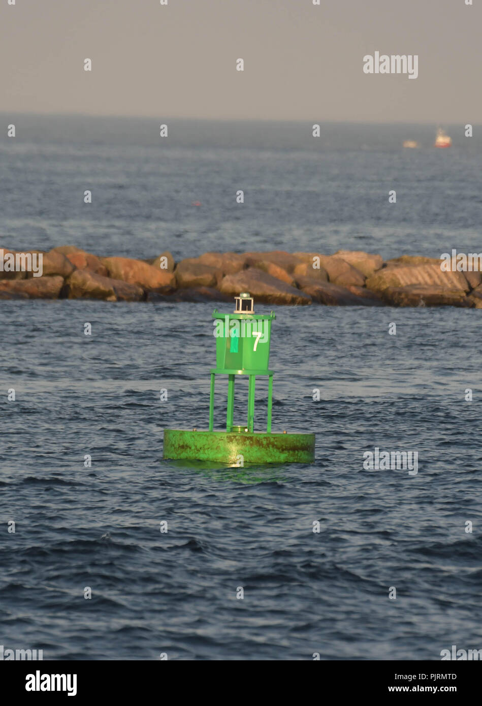 Eine grüne Boje schwimmt im Hafen in Newburyport, Massachusetts, USA, an einem späten Sommernachmittag. Stockfoto