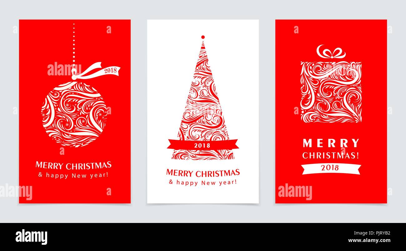 Satz von roten und weißen Frohe Weihnachten und Neujahr Karten, Geschenkgutscheine, Banner. Stock Vektor