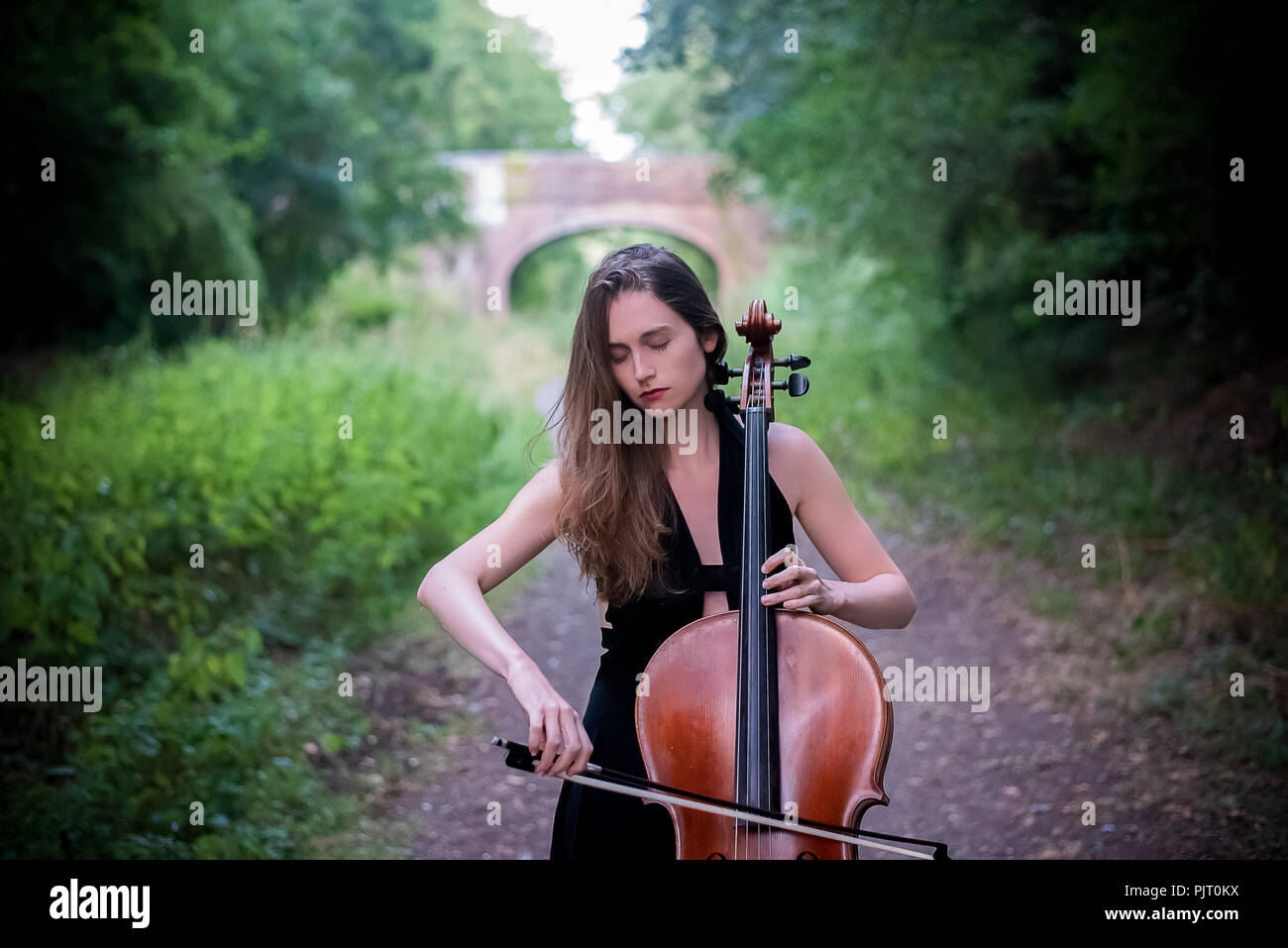 Eine junge blonde Frau, spielt Cello Draußen, hinter ihr, über einen Pfad eine Brücke aus gesehen werden kann. Stockfoto