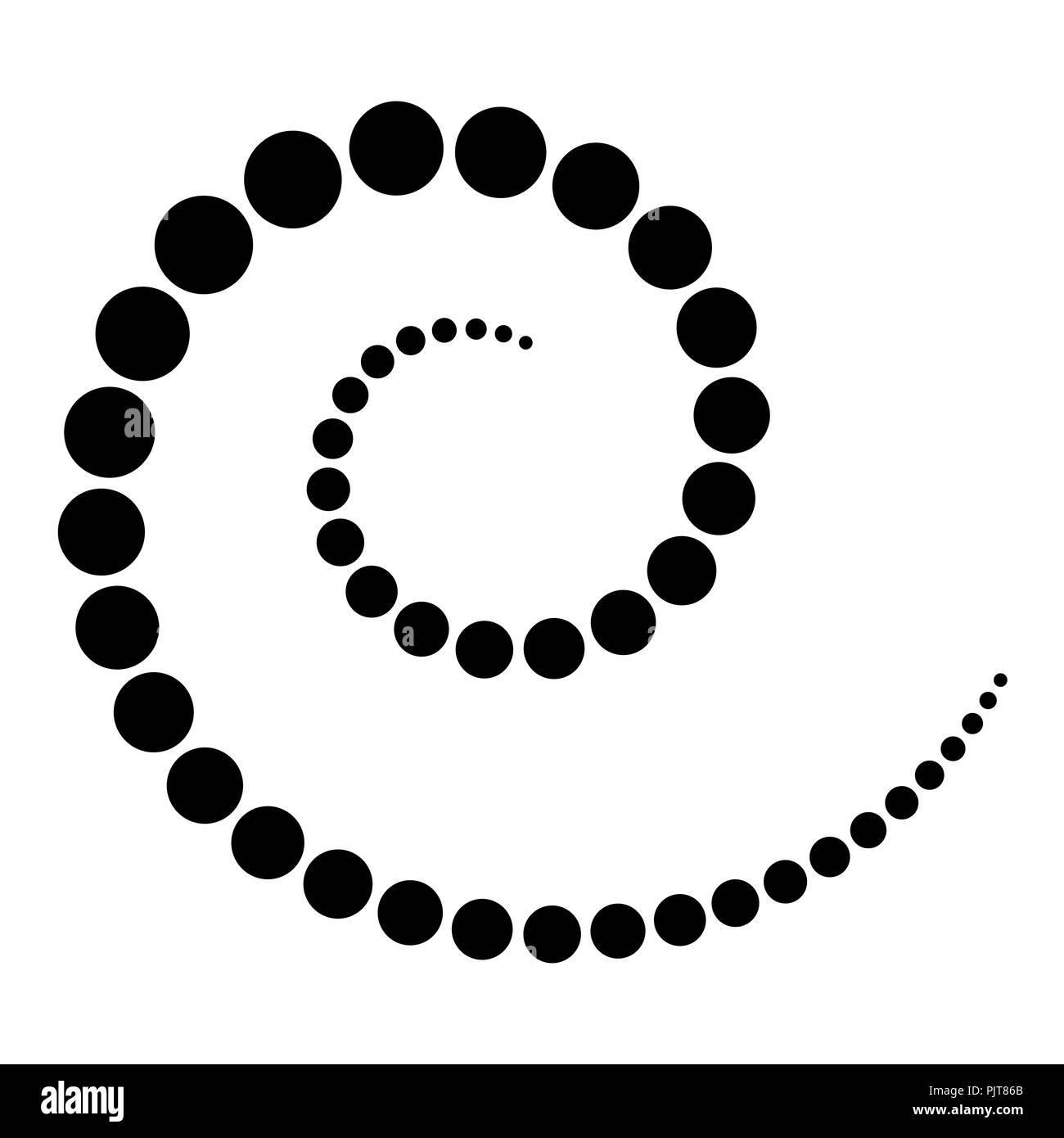 Spirale aus schwarzen Punkten. Die Punkte aus der Mitte der Spirale, die dann wieder kleiner werden. Schwarz isoliert Abbildung auf Weiß. Stockfoto