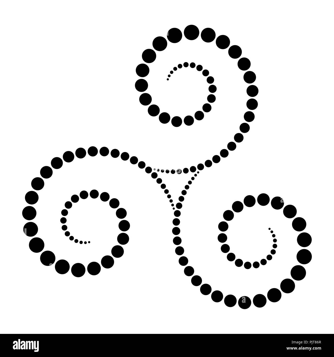 Schwarze gepunktete Keltischen triskelion Spirale. Die Punkte aus der Mitte der Spiralen bilden eine dreifache Spirale. Twisted und angeschlossenen Spiralen. Stockfoto