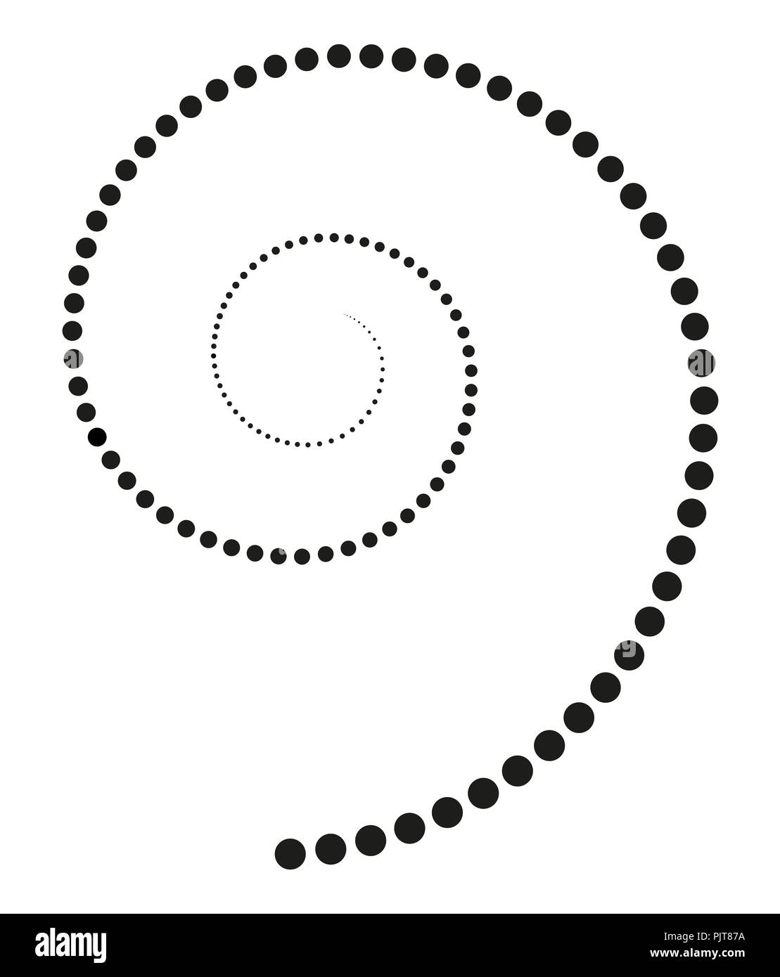 Schwarze Spirale aus steigenden Punkten. Punkte aus der Mitte der Spirale immer grösser und die Bildung einer Spirale. Schwarz isoliert Abbildung. Stockfoto