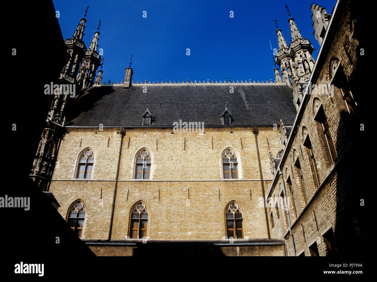 Die Rückseite des Rathauses von Leuven, Hauptstadt der Provinz Flämisch-Brabant (Belgien, 09/1993) Stockfoto