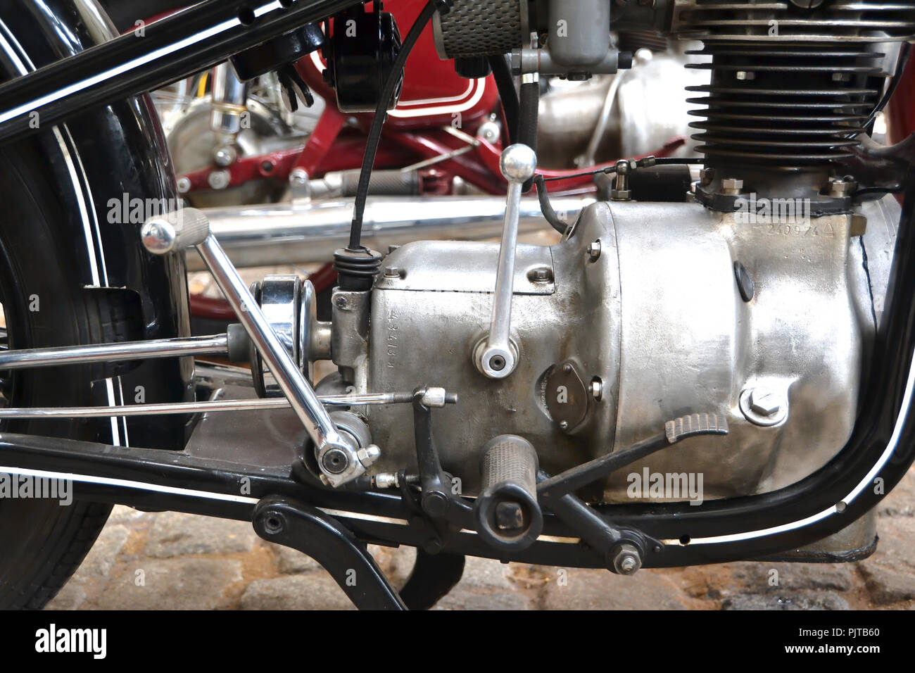 Detail eines alten Motorrad in das Technische Museum in Magdeburg. Stockfoto