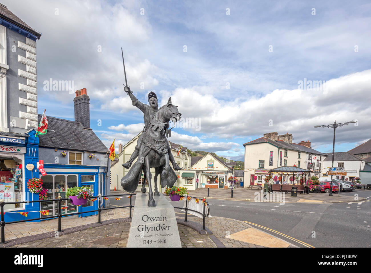Owain Glyndŵr Statue in der walisischen Stadt Corwen, Wales, Großbritannien Stockfoto
