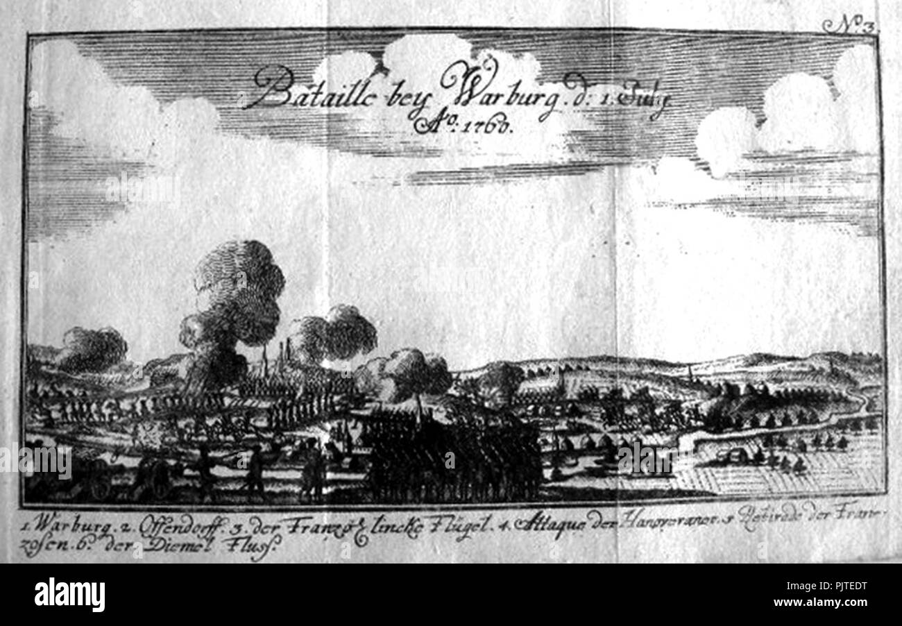 Bataille bey Warburg Juli 1760 (Kupferstich zur Schlacht bei Warburg). Stockfoto