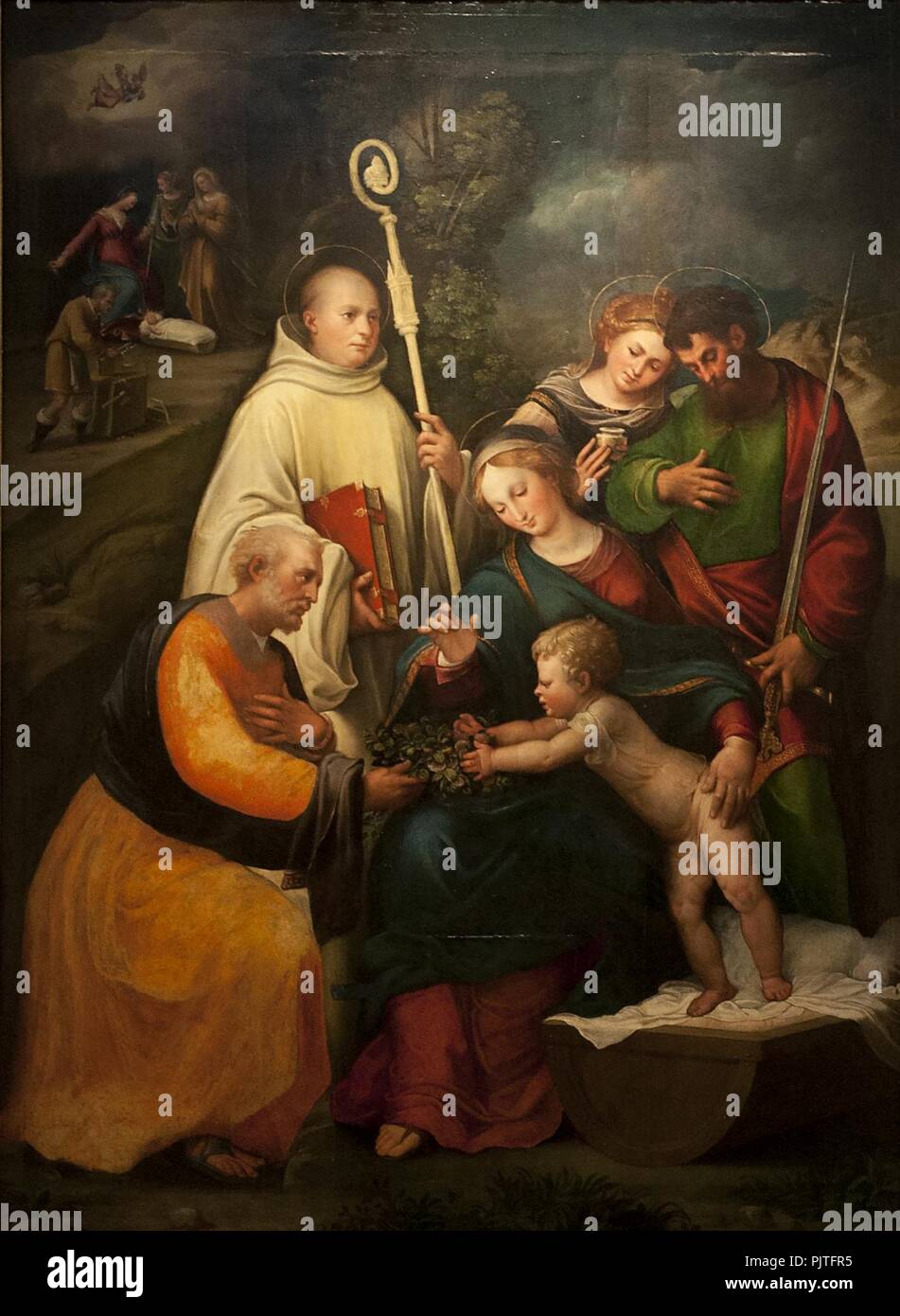 Bartolomeo Ramenghi (1484-1542) - De Heilige Familie met Benedictus Paulus en Maria Magdalena (1525) - Bologna, Pinacoteca Nazionale - 26-04-2012 9-14-39. Stockfoto