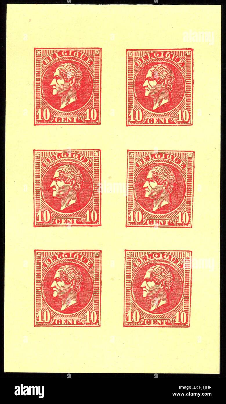Belgien 1865-1866 10 c Leopold I. Essays von Charles Wiener rot. Stockfoto