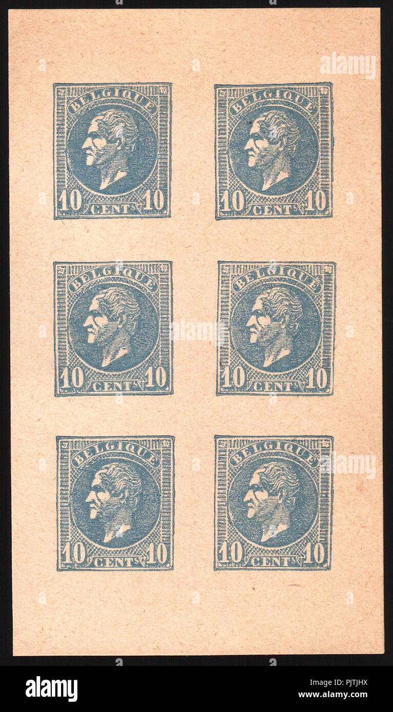 Belgien 1865-1866 10 c Leopold I. Essays von Charles Wiener blau. Stockfoto
