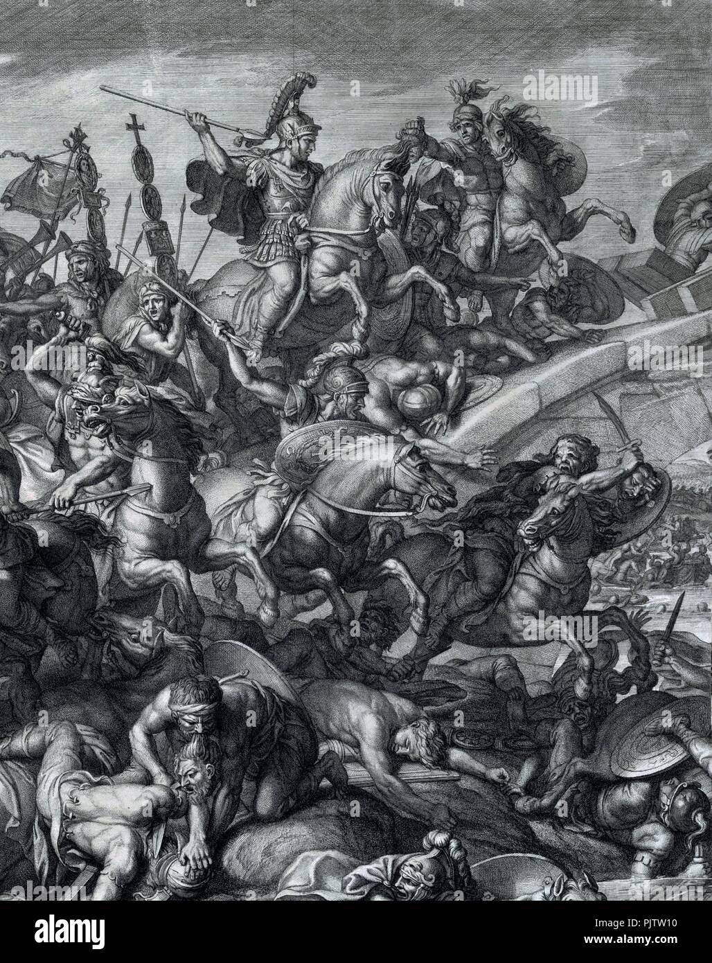 Schlacht an der Milvischen Brücke, Gérard Audran nach Charles Le Brun, 1666-Ernte. Stockfoto