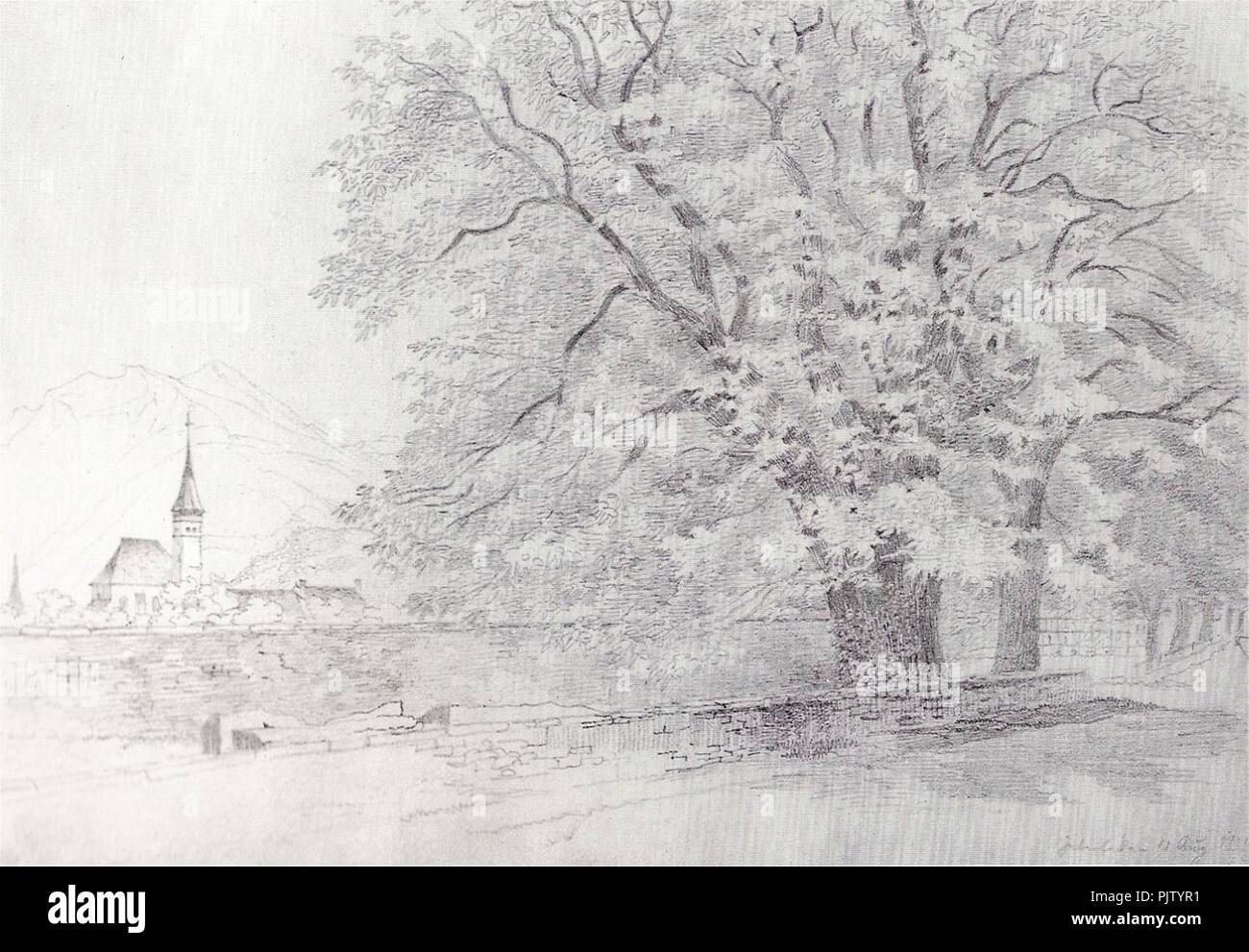 Baumgruppe in Interlaken - Zeichnung von Felix Mendelssohn 1842. Stockfoto