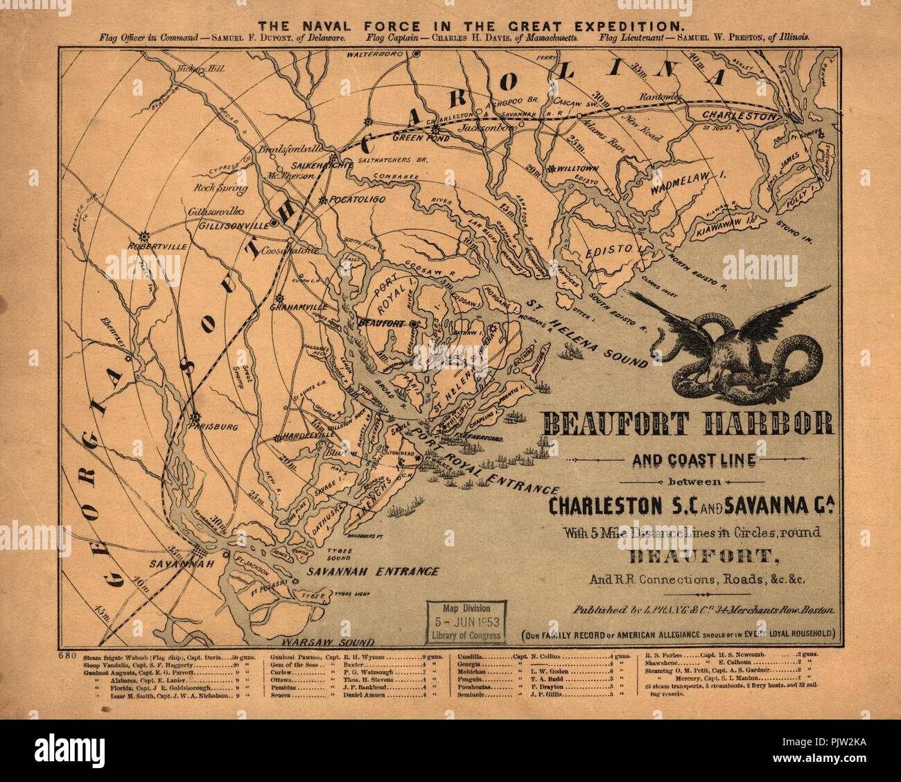 Beaufort den Hafen und die Küste zwischen Charleston, S.C. und Savanne (sic) Ga., mit 5 Meile Entfernung Linien im Kreis rund Beaufort, und R.R. Verbindungen, Straßen, etc. etc. Stockfoto