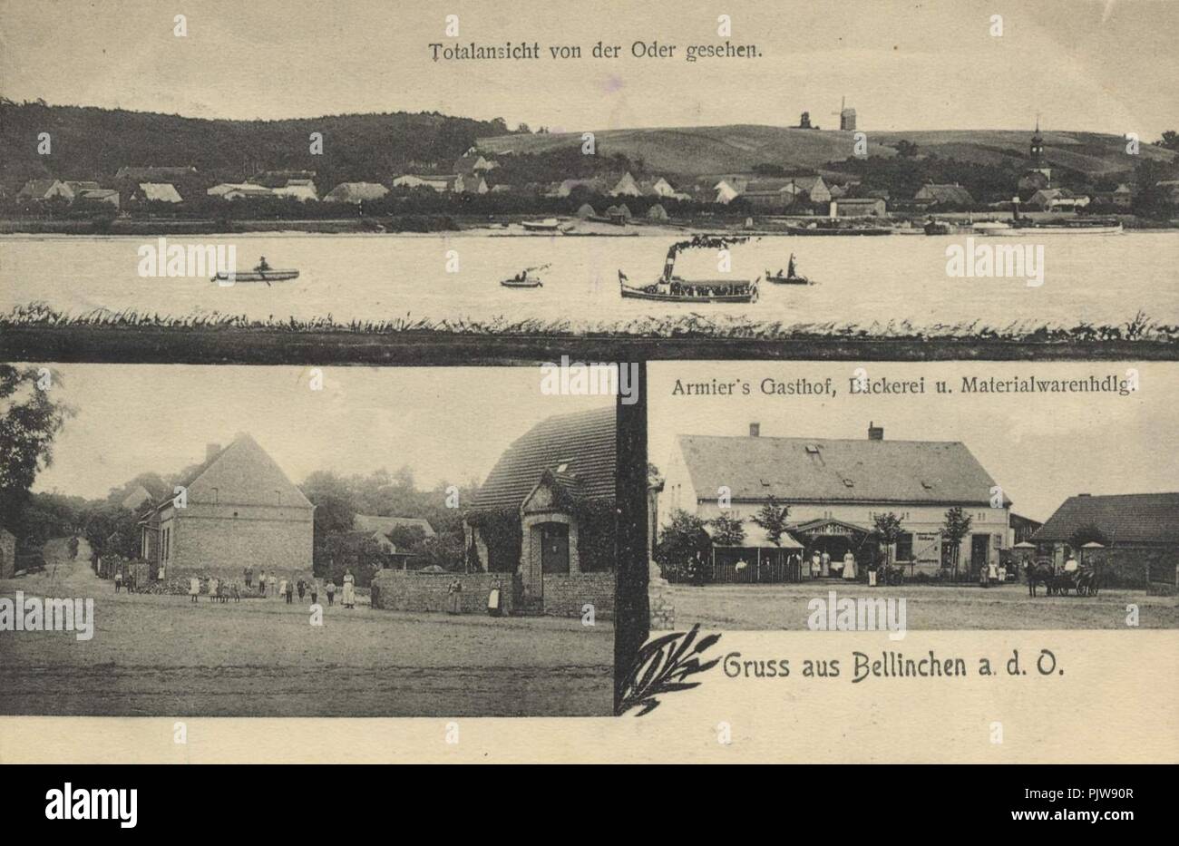 Bellinchen a. d. Oder, Ostbrandenburg - Armiers Gasthof, Bäckerei und Materialwarenhandlung; Stadtansicht von der Oder Stockfoto