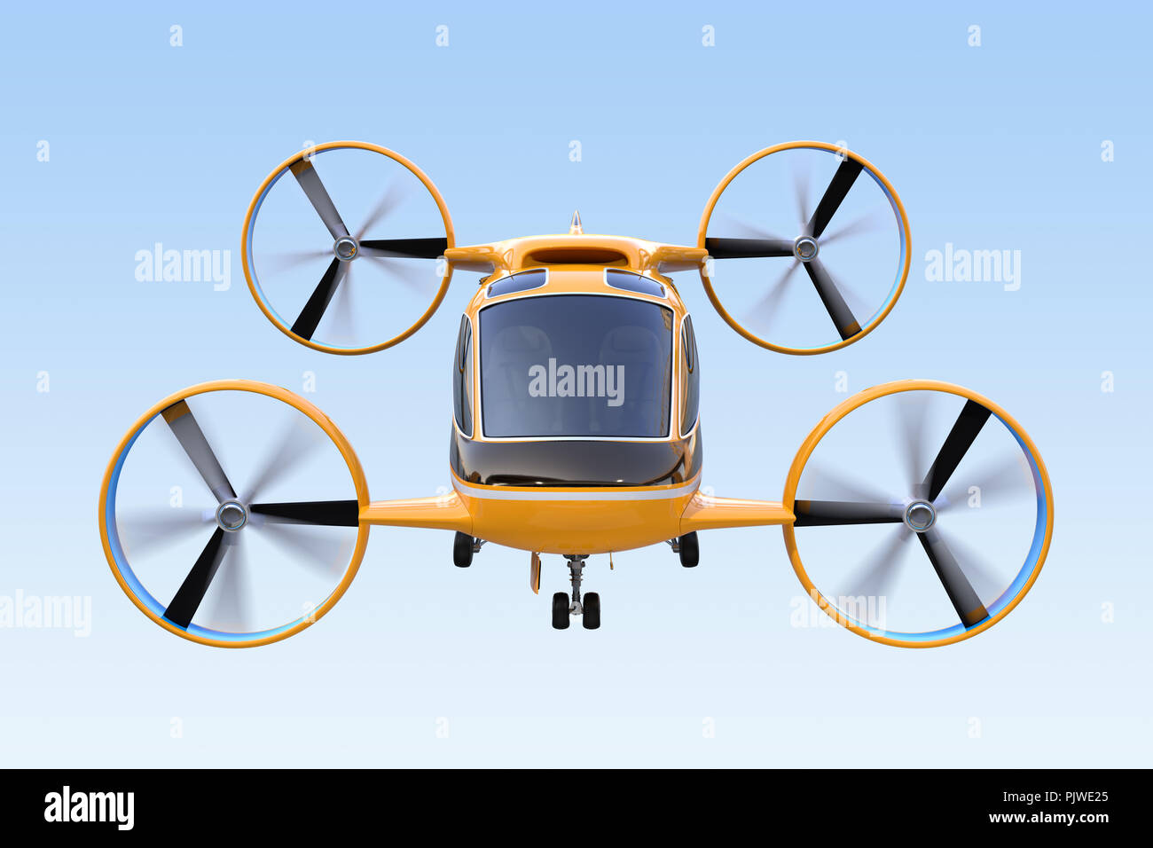Vorderansicht des Autonomen Drone Taxi fliegen in den Himmel. 3D-Bild. Stockfoto