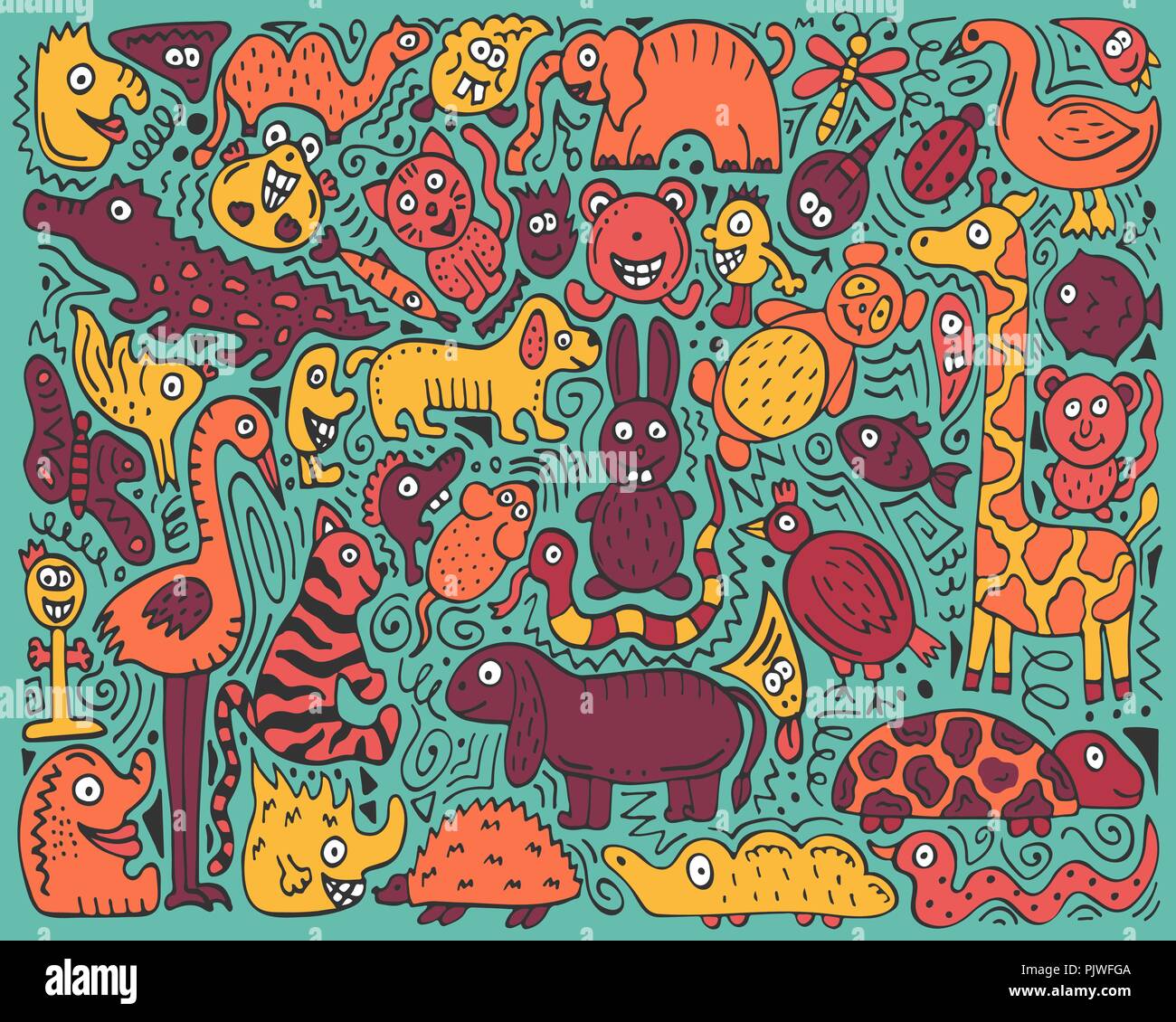 Doodle Farbe poster Mit handgezeichneten Zootiere. Stock Vektor
