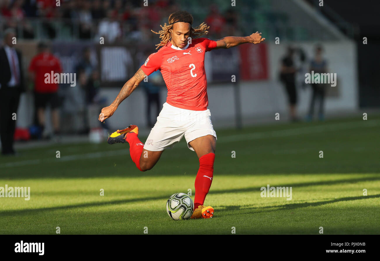 St. Gallen, Schweiz. 8. September 2018. Kevin Mbabu (Schweiz) während der  UEFA Nationen Liga, Liga A, Gruppe 2, Fußball-Spiel zwischen der Schweiz  und Island am 8. September 2018 Kybunpark in St. Gallen,