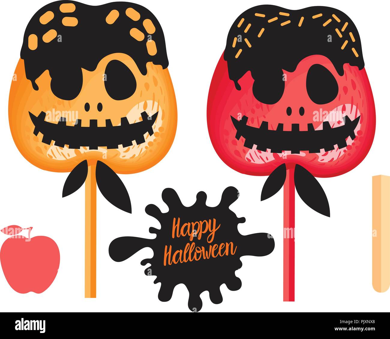 Rot und Orange Apple mit Karamell, Schokolade Süßigkeiten auf Sticks. Happy Halloween Dessert. Vector Illustration auf weißem Hintergrund. Stock Vektor