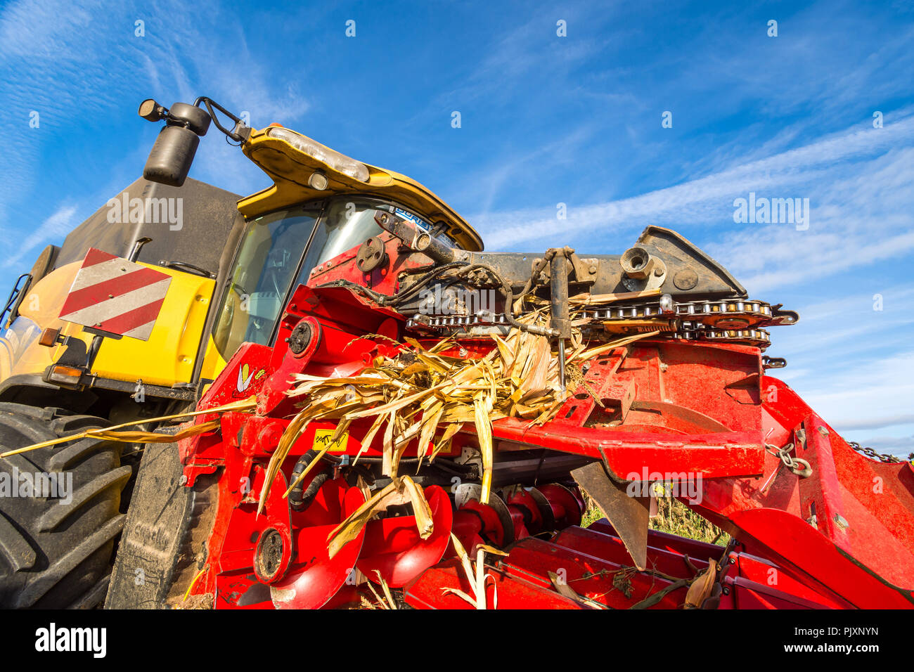 Mähdrescher' Maispflückvorsatz cutter' für Mais und Sonnenblumen - Frankreich. Stockfoto