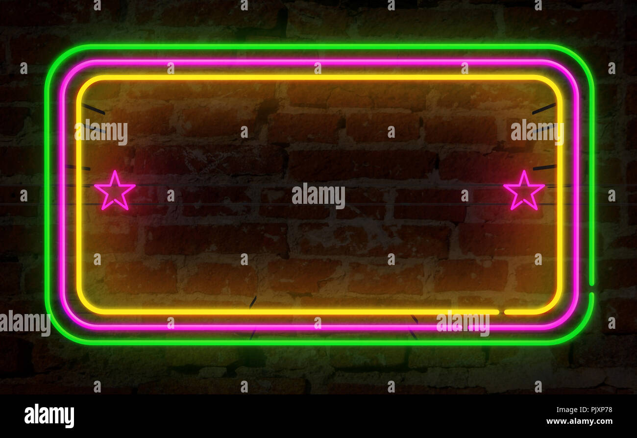 Neon Hintergrund Licht Rahmen auf der Wand. Elektrische Rechtecke und Sterne auf Wand Konzept 3D-Abbildung. Retro Style videomontage Hintergrund. Stockfoto