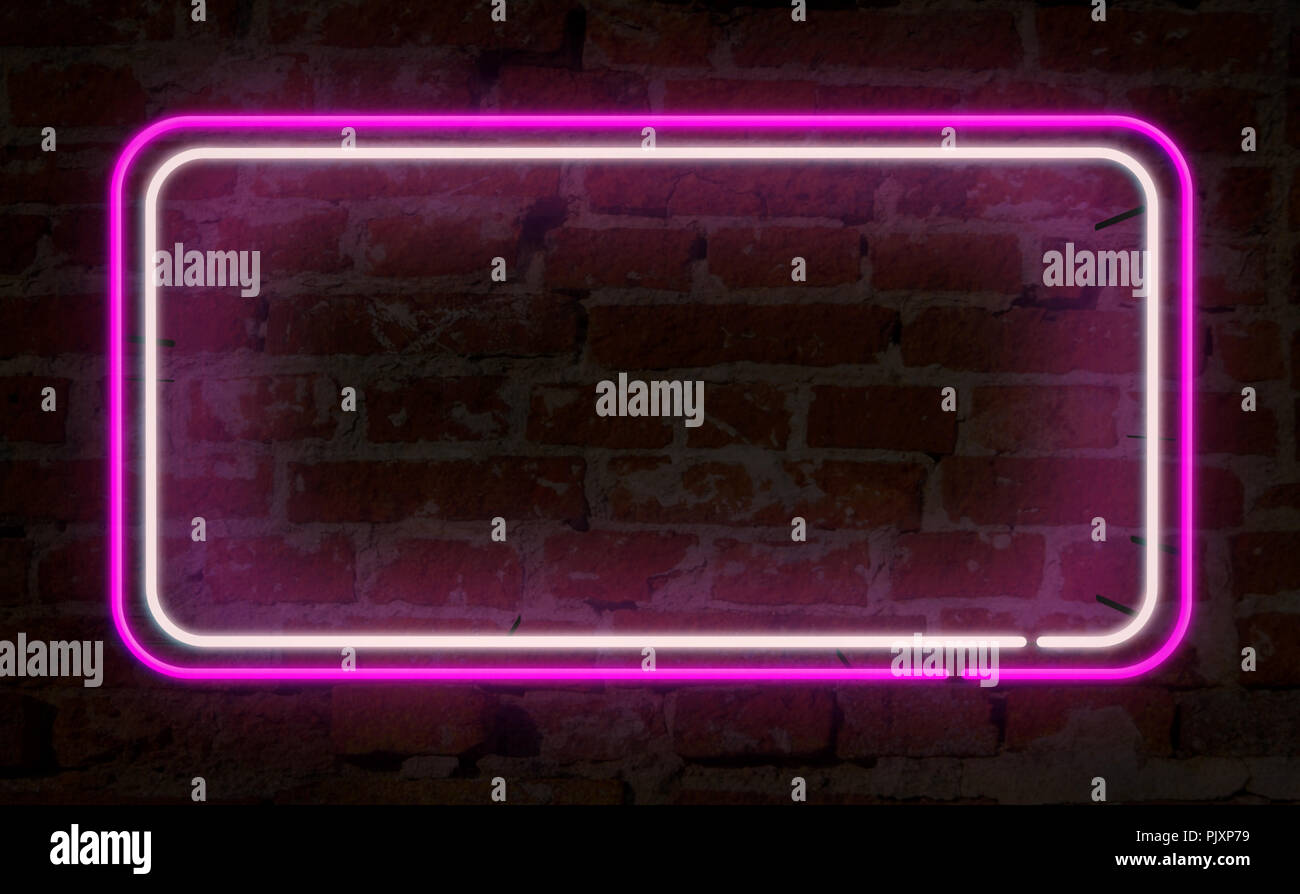 Neon Hintergrund Licht Rahmen auf der Wand. Elektrische Rechtecke und Sterne auf Wand Konzept 3D-Abbildung. Retro Style videomontage Hintergrund. Stockfoto