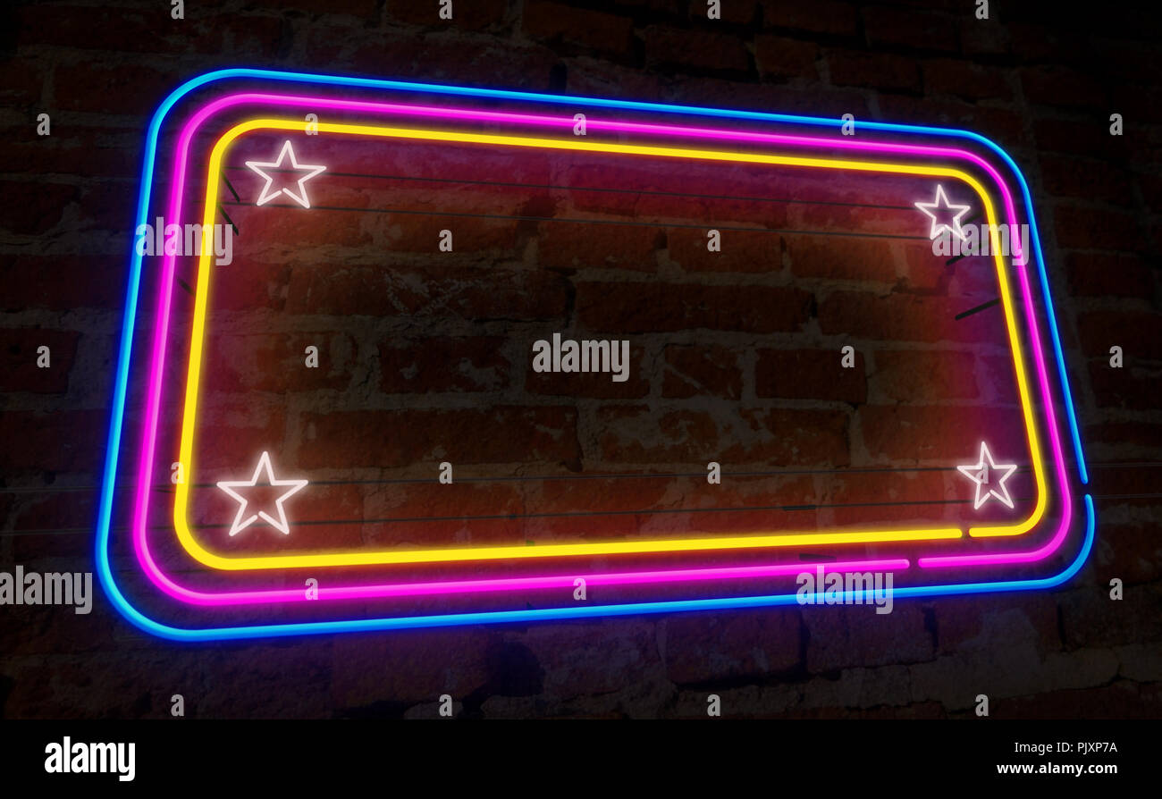 Neon Hintergrund Licht Rahmen auf der Wand. Elektrische Rechtecke und Sterne auf Wand Konzept 3D-Abbildung. Retro Style videomontage Hintergrund. Stockfoto