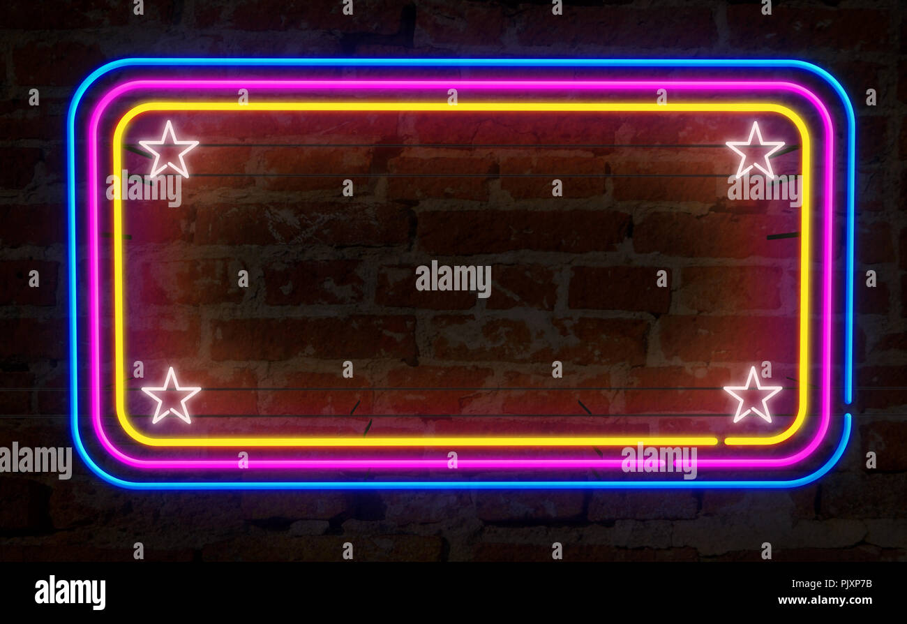 Neon Hintergrund Licht Rahmen auf der Wand. Elektrische Rechtecke und Sterne auf Wand Konzept 3D-Abbildung. Retro Style videomontage Hintergrund. Stockfoto