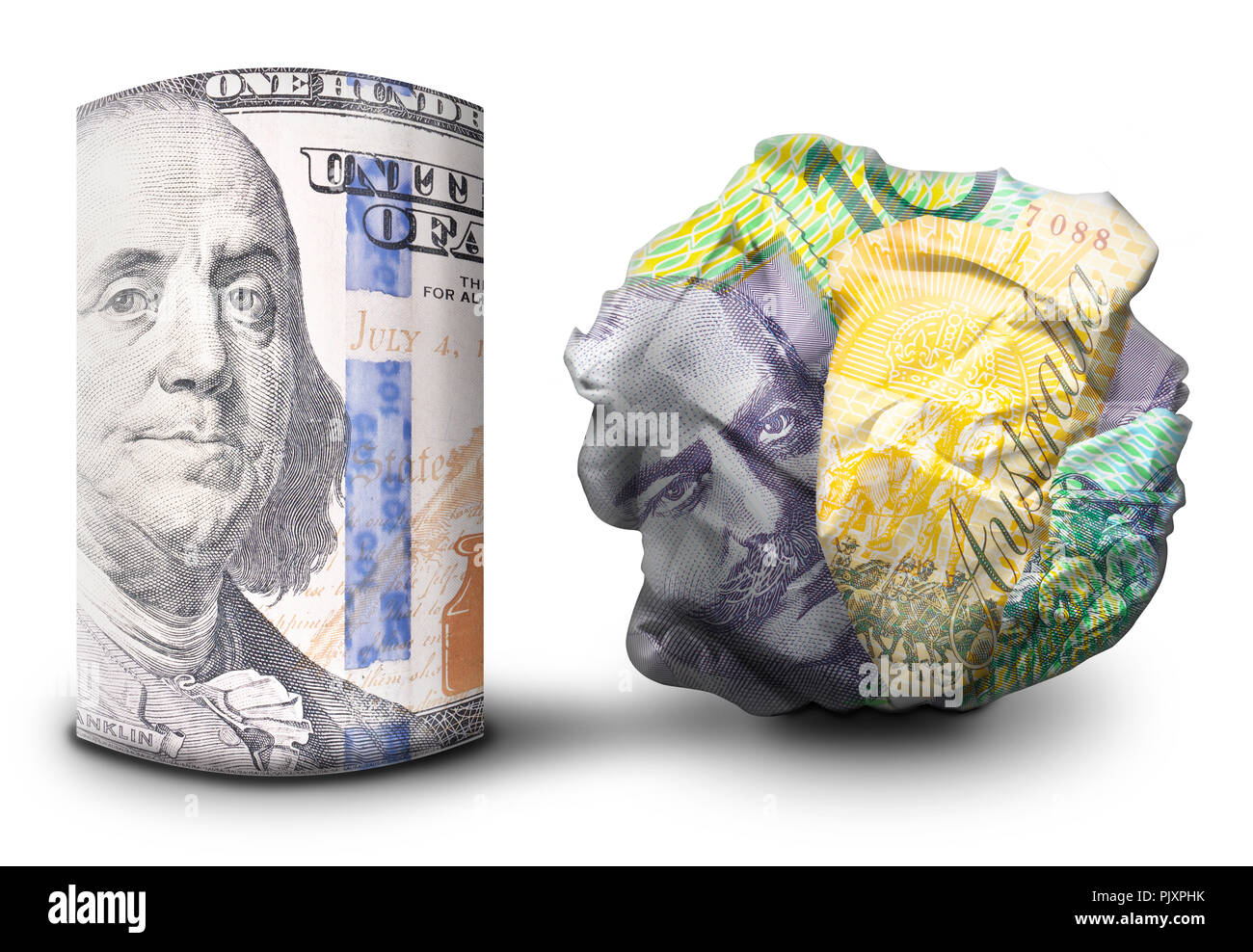 Zwei fiat money Bills nebeneinander stehen. Man flach und einem Zerbröselten Währung symbolisiert Stärke und Schwäche. Stockfoto