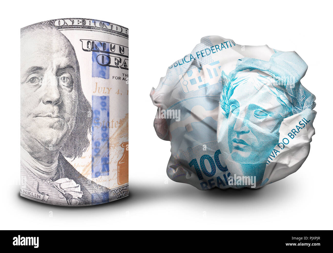 Zwei fiat money Bills nebeneinander stehen. Man flach und einem Zerbröselten Währung symbolisiert Stärke und Schwäche. Stockfoto