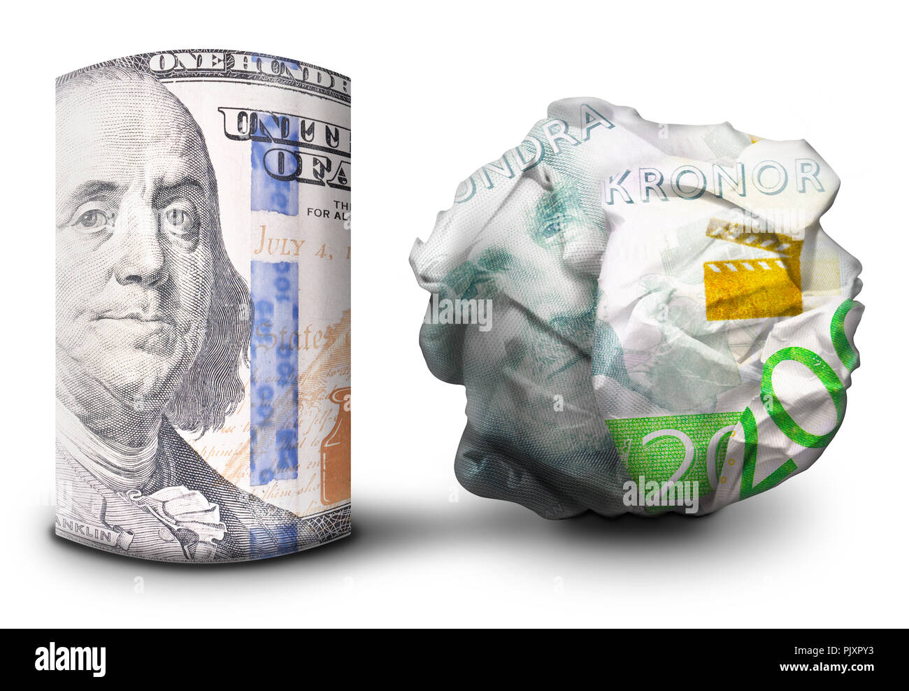 Zwei fiat money Bills nebeneinander stehen. Man flach und einem Zerbröselten Währung symbolisiert Stärke und Schwäche. Stockfoto