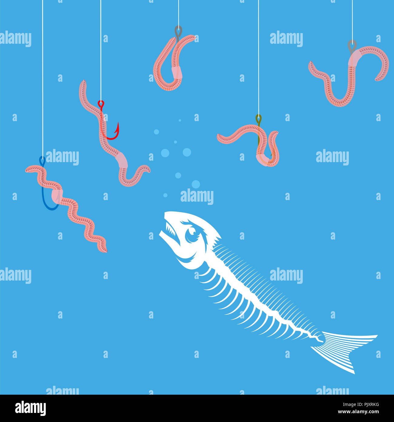 White Fish Bone Skelett. Satz farbiger Angelhaken und Rote Würmer. Stockfoto