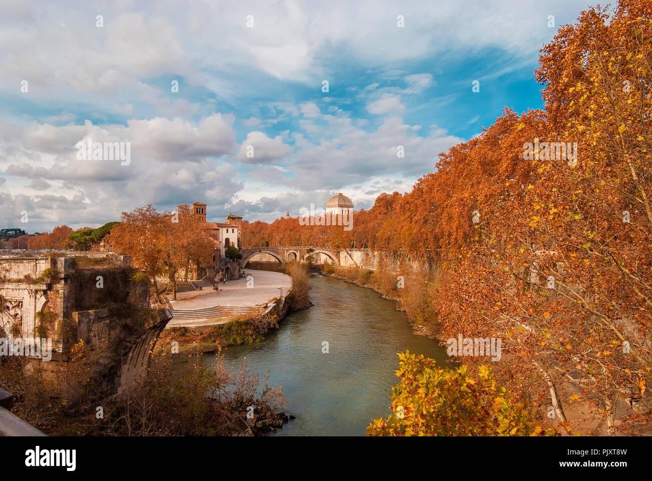 Herbst und Laub in Rom. Rote und gelbe Blätter in der Nähe der Tiberinsel mit antiken römischen Brücke, im historischen Zentrum der Stadt Stockfoto