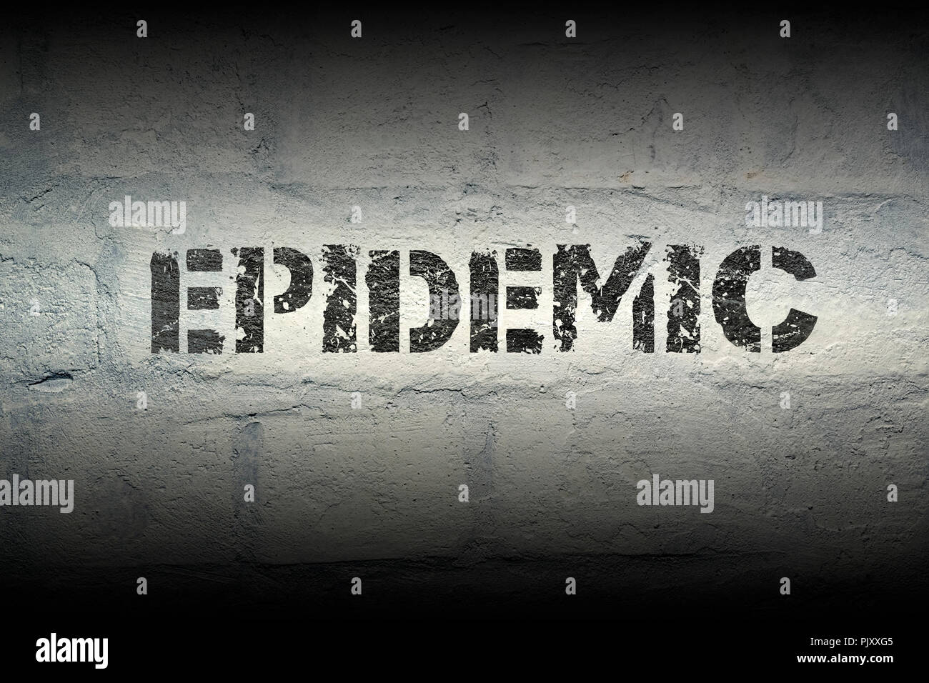 Epidemie Wort stencil Print auf der grunge White Brick Wall Stockfoto