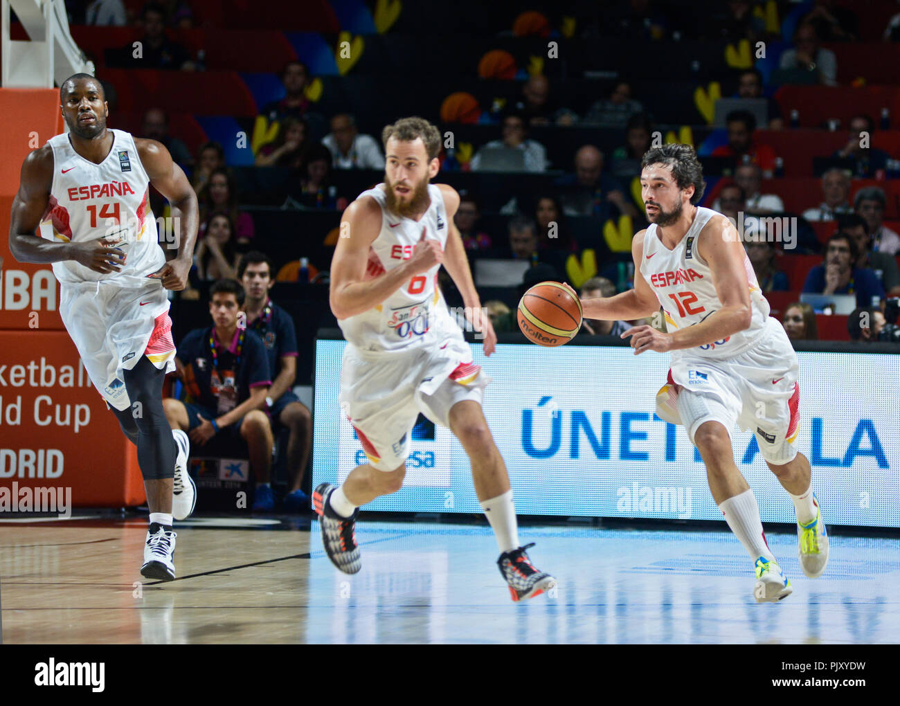 Sergio Llull, Sergio Chacho Rodriguez und Serge Ibaka. Spanien Basketball Nationalmannschaft. Wm 2014 Stockfoto
