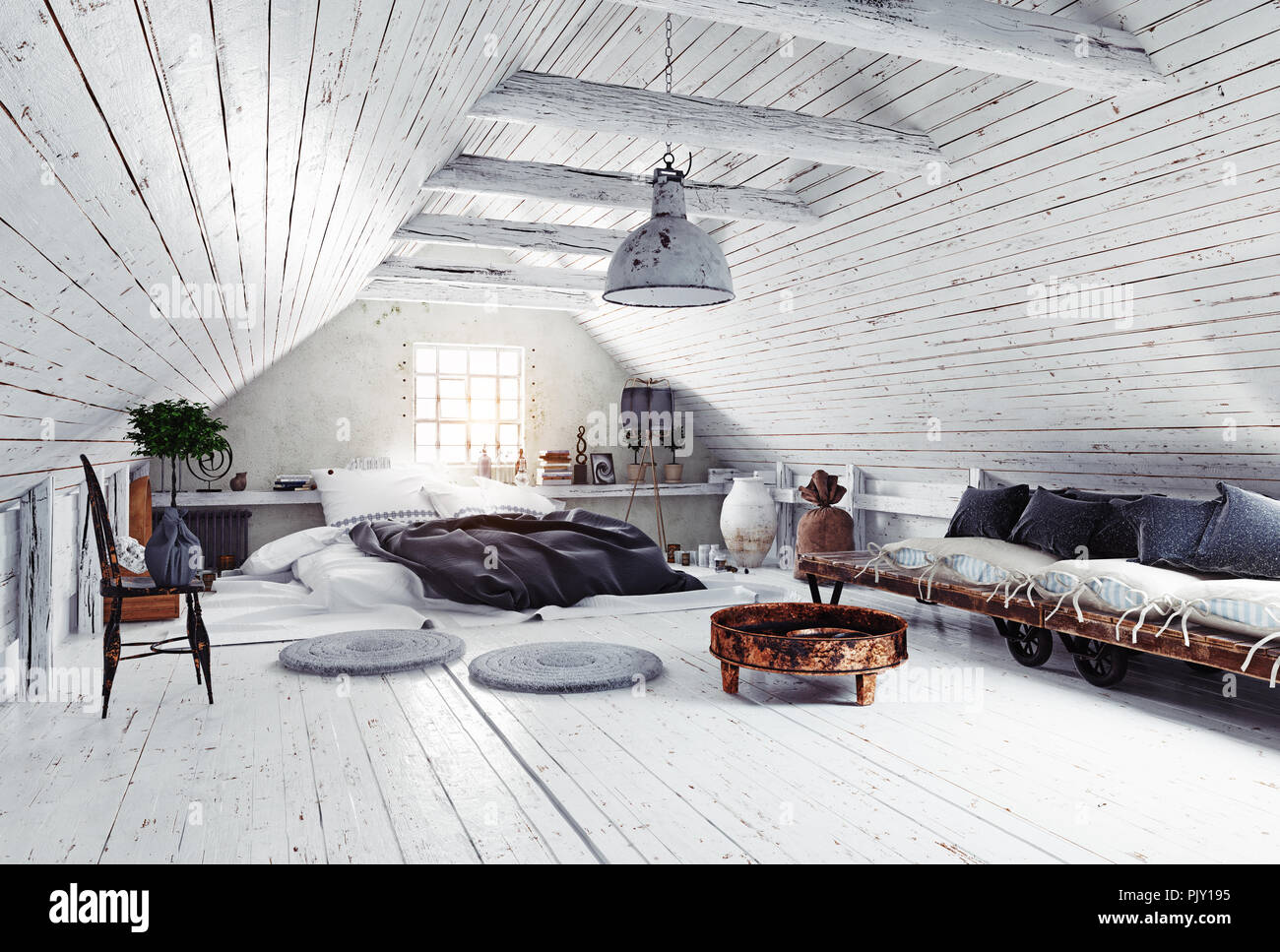 Moderne Schlafzimmer im Dachgeschoss. 3D-rendering Innenraumkonzept Stockfoto