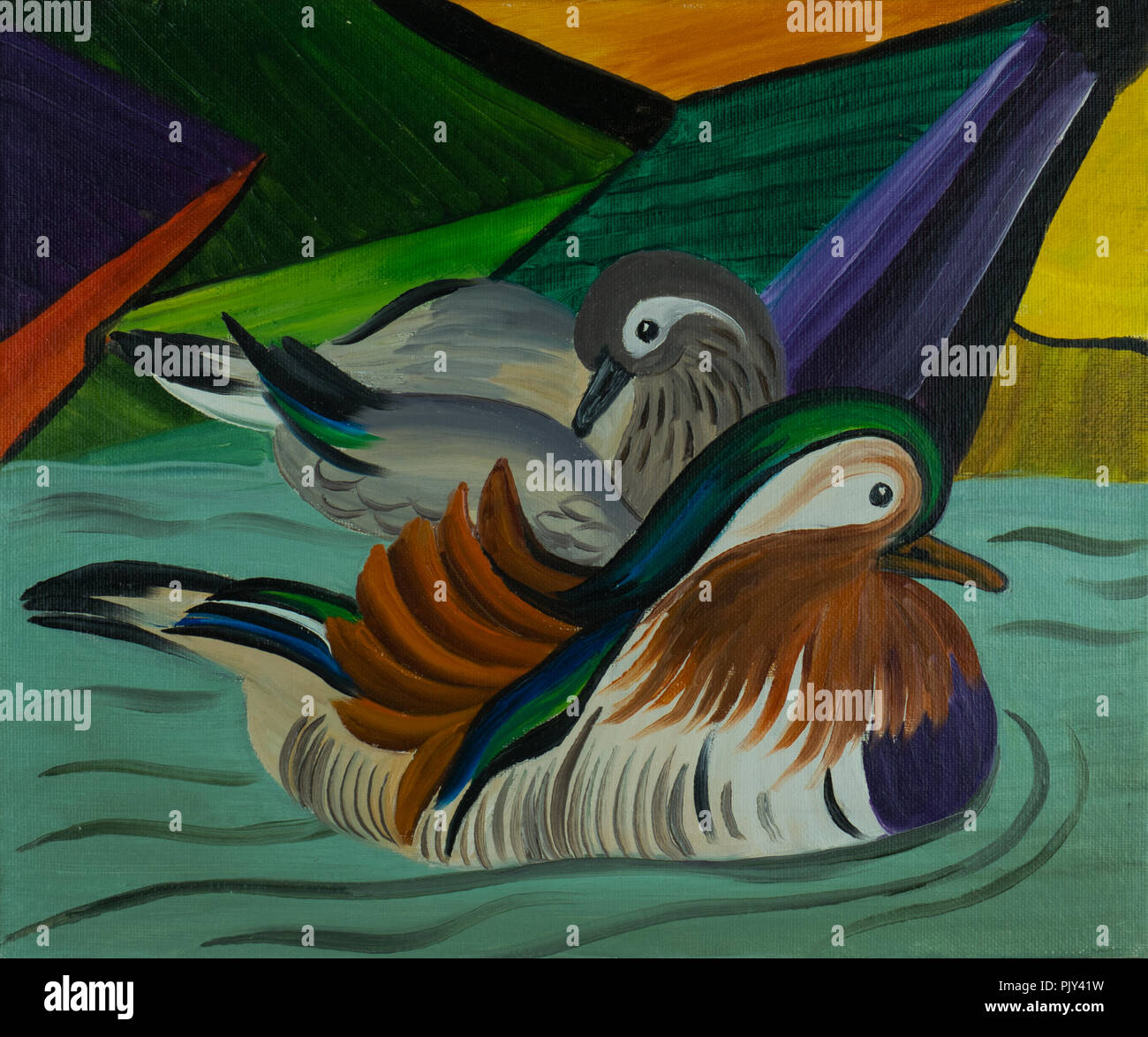 Öl Malerei mit zwei Mandarin Enten schwimmen im Wasser gegen einen farbigen Hintergrund Stockfoto