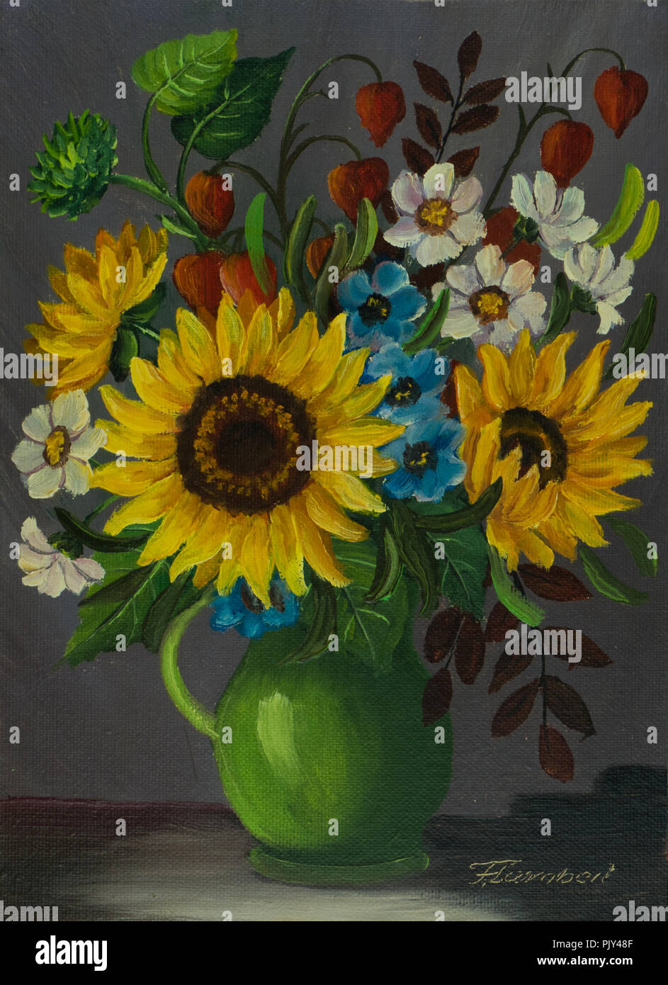 Ölgemälde, eine grüne Vase mit verschiedenen farbigen Blumen Stockfoto