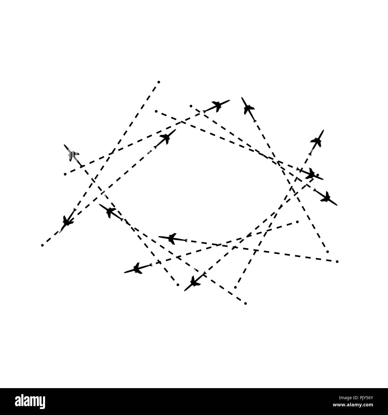 Das Flugzeug ist in einer gepunkteten Linie. Der fliegende Wohnung ist Schwarz. Und seine Spur auf einem weißen Hintergrund. Der Wegpunkt wird für eine touristische Reise Stock Vektor