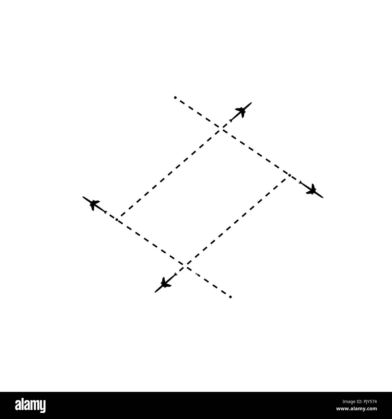 Das Flugzeug ist in einer gepunkteten Linie. Der fliegende Wohnung ist Schwarz. Und seine Spur auf einem weißen Hintergrund. Der Wegpunkt wird für eine touristische Reise Stock Vektor