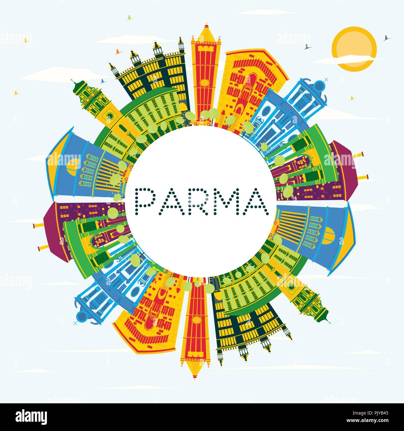 Parma Italien City Skyline mit Farbe Gebäude, blauer Himmel und Kopieren. Vector Illustration. Stock Vektor