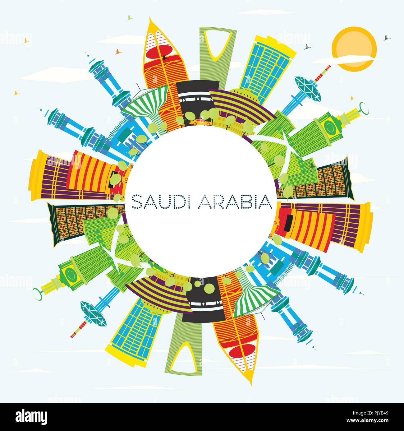 Saudi-arabien Skyline mit Farbe Wahrzeichen, blauer Himmel und Kopieren. Mekka, Riad. Vector Illustration. Stock Vektor