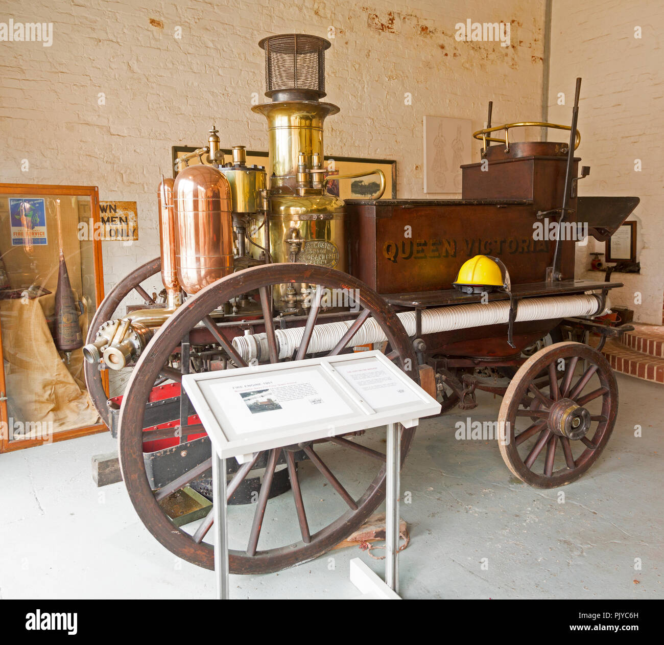 Die lange Shop Museum, Baja California Sur, Suffolk, England, UK Werke Feuerwehr Fire Engine Merryweather Dampf Sprinklerpumpe "Queen Victoria" 1901 Stockfoto